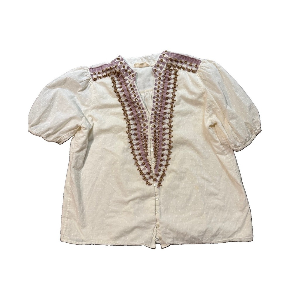 Anthropologie Forever That Girl Embroidered Boho Beaded Peasant Blouse Ivory 14